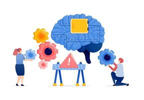 Illustration of People Repairing AI-Powered Services with Damaged Brains Interconnected by Gears and Warning Bars, Emphasizing Critical Maintenance and System Settings vector