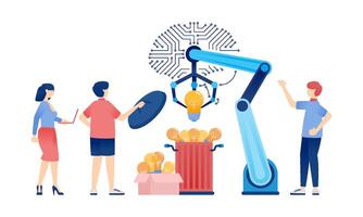 Illustration of People Using AI Brains and Processing Chips for Financial and Accounting Services, Boosting Stock Trading Efficiency vector