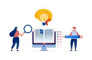 Illustration of People Searching Books and Completing Surveys to Train an AI Brain for Reading, Idea Generation, and Learning Machine Development with a Lightbulb vector