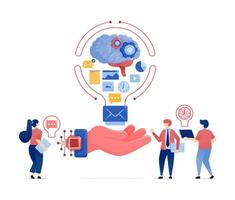 Illustration of People Using AI and Chip-Powered Machines to Process Data and Spark Ideas, Inspiring Work through the Fusion of Chip Hands, Brains, and Light Bulbs vector