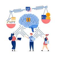 Illustration of People Utilizing AI-Powered Brains and Specialized Processing Chips to Drive Financial Services, Banking Decisions, and Investment Choices with Precision vector