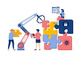 Artificial Intelligence Illustration with Robots and People Solving Security System Problems Using Puzzles vector