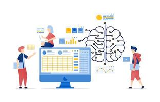 Illustration of People Accessing an Internet Network Connected to an AI Brain to Solve Spreadsheet Data, Business, and Accounting Problems for Enhanced Work Efficiency vector
