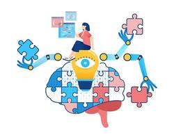 Artificial Intelligence Illustration of Woman Finding Ideas with AI Programming and Binary Brain Puzzle Assistance vector
