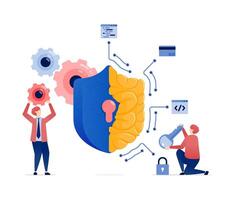 Illustration of People Accessing Data Secured by an AI Brain Shield, Forming a Defense System for Security, Data Protection, and SelfDefense on Advanced Digital Networks vector