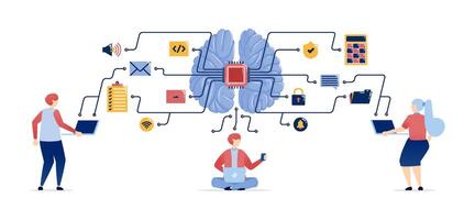 Illustration of People Accessing Data from Learning, Work, and Entertainment, Supported by AI Brains for Enhanced Processing and Development of Advanced Learning Machines vector