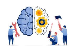 Illustration of People Repairing an AI Brain Mechanism with Tools Including Wrench, Screwdriver, and Hammer to Restore Network Gear Functionality vector
