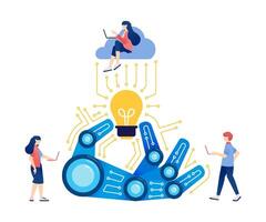 Artificial Intelligence Illustration with Robot Hand Holding Lamp for Idea Generation and Cloud-Connected Knowledge Network vector