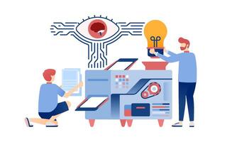 Illustration of Office Workers Harnessing AI and Learning Machines to Generate Innovative Ideas Easily, Featuring a Photocopier Duplicating a Lightbulb for Creative Spark vector