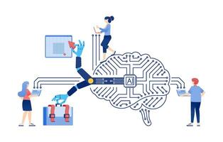 Artificial Intelligence Illustration of People Using AI Chip Network for Business, Accounting, and Data Management vector
