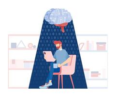 Illustration of a Relaxed Man in a Modern Lounge Gaining Profound Enlightenment from an AI Brain Showering Cascading Binary Numbers, Sparking Innovative Work Ideas vector