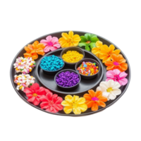 A tray with colorful sprinkles and flowers on a transparent background png