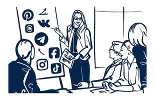 A professional presenting social media strategies to a team, ideal for marketing and communication concepts vector