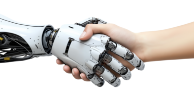 Android Robot AI Hand and Human Hand Handshake Isolated on Transparent Background png