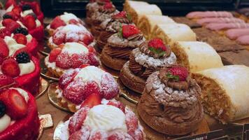 Delicious desserts displayed at bakery during afternoon hours video