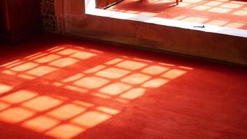 Natural light casts patterns on red carpet in empty room video