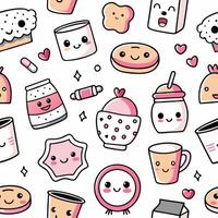 kawaii food and drink items are shown in this pattern vector