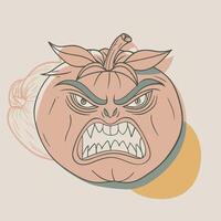 angry pumpkin with teeth and fangs on a beige background vector