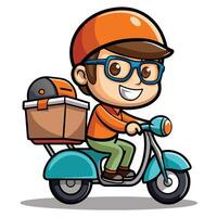 cartoon delivery boy riding scooter wit white backgroundh a box on the back vector