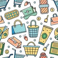 shopping seamless pattern with baskets and other items vector