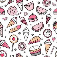 Cute hand-drawn seamless pattern with various pink desserts and fruits. vector