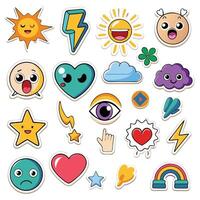 Collection of cute cartoon stickers with various shapes and expressions. vector