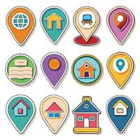 Colorful location pin icons set with various symbols including home, globe, car, and location markers. vector