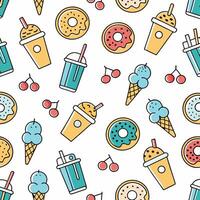 Colorful seamless pattern with donuts, ice cream, and drinks. vector