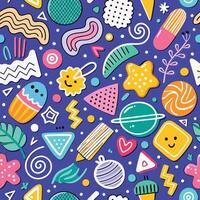 Colorful abstract seamless pattern with geometric shapes, doodles, and playful elements on a purple background. vector