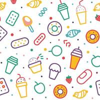 Colorful seamless pattern with various food and drink icons. vector