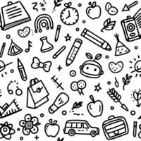 Back to school seamless pattern with hand-drawn doodle illustrations of school supplies, stationery, and objects. vector