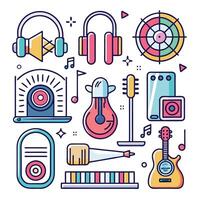 Colorful illustration of various music instruments and devices. vector