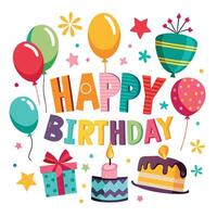 Colorful Happy Birthday celebration card with balloons, cake, candle, gift. vector