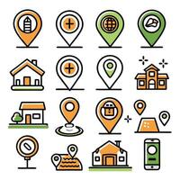 Collection of colorful location pin icons with various points of interest. vector