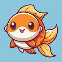 Cute cartoon goldfish with orange and yellow fins, big eyes, and a happy expression swimming against a light blue background. vector