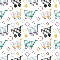 Colorful shopping carts and geometric shapes seamless pattern. vector