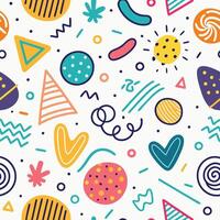 Colorful abstract hand-drawn pattern with geometric shapes and doodles. vector