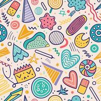 Abstract seamless pattern with colorful shapes, lines, and doodles. vector