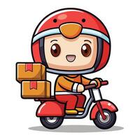 cartoon delivery boy riding a scooter with boxes on the back vector
