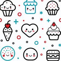 Cute kawaii dessert seamless pattern with cupcakes, ice cream, heart, burger, and cookies. vector