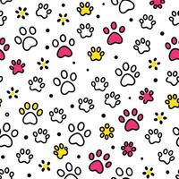 seamless pattern with paw prints and flowers white background vector