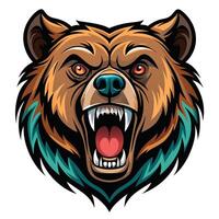Angry bear head illustration with sharp teeth and teal accents. vector