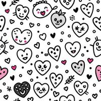 Cute hand-drawn heart pattern with funny faces and simple doodles. vector