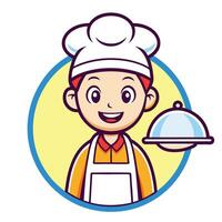 Happy cartoon chef in a round frame holding a cloche. vector
