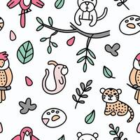 Cute animal seamless pattern with birds, tiger, and monkey on branches. vector