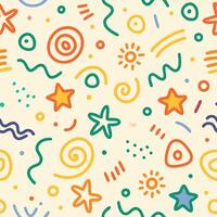 Colorful abstract seamless pattern with stars, suns, circles, and wavy lines on a beige background. vector