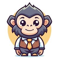 Cute cartoon chimpanzee in business attire, smiling cheerfully against a yellow circle. vector