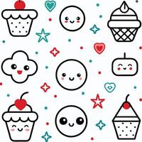 Cute kawaii dessert and face pattern. vector