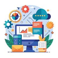 Business data analysis on computer screen with charts, graphs, and cloud computing. vector