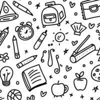 Back to school doodle pattern with stationery, alarm clock, apples, and book. vector